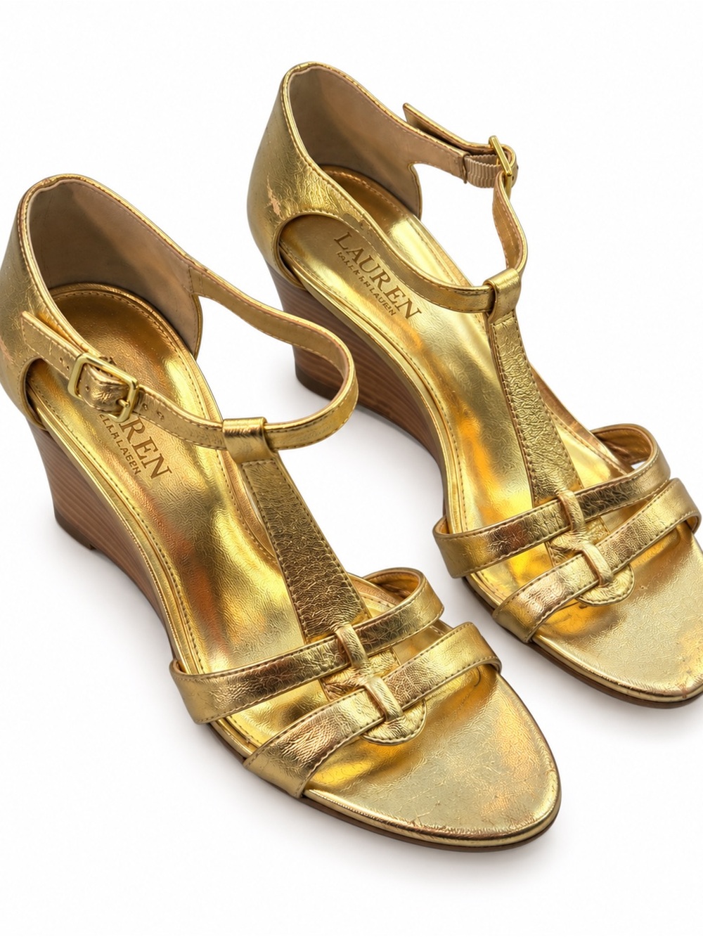 Lauren Ralph Lauren Metallic Gold T-Strap Heeled Sandals